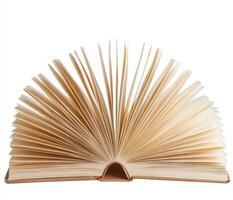 Open book with multiple pages fanned out on a white background highlighting the texture of the paper photo