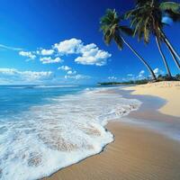 Beautiful tropical beach with palm trees and turquoise water under a bright blue sky photo