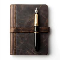 Elegant leather notebook and fountain pen resting on a white surface with soft lighting photo