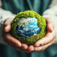 Holding a green planet with love and care in a symbolic gesture for environmental protection and sustainability photo
