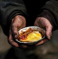 Hands holding a plate of food, showcasing resilience and the impact of poverty in a street setting during daytime photo