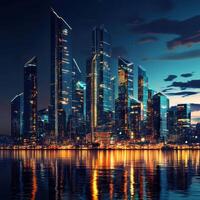 Majestic city skyline illuminated by twilight reflecting on calm waters photo