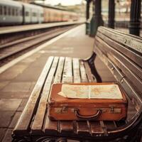 Old luggage rests on a wooden bench at a train station with a vintage map displayed on top photo