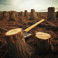 Stumps and an Axe Rest on a Cleared Forest Landscape Under a Dusky Sky photo