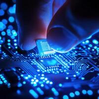 Close-up view of a person installing a microchip on a circuit board in a dimly lit environment photo