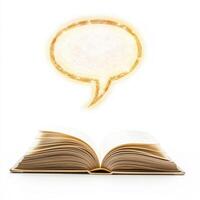 Open book with glowing speech bubble above, symbolizing communication and knowledge exchange photo