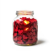 Glass jar filled with red paper hearts glowing softly, creating a warm and romantic atmosphere photo