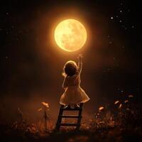 Child reaches out to the moon while sitting on a wooden ladder under a night sky full of stars photo