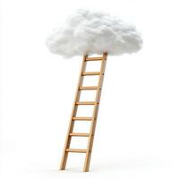 Creative concept of a wooden ladder leading to a fluffy cloud in a minimalistic setting photo