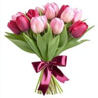 Colorful bouquet of tulips wrapped with a ribbon on a plain background ready for gifting or decoration photo