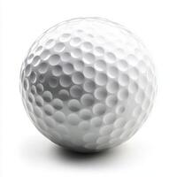 White golf ball resting on a smooth surface, highlighting the dimples and spherical shape, perfect for a game of golf photo