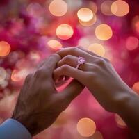 Couple exchanging engagement ring with blurred romantic backdrop during a special moment photo
