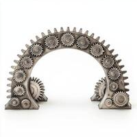 Industrial gear arch sculpture made with metal components displayed in modern design setting photo