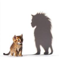 Small kitten looks at its shadow shaped like a lion against a bright white backdrop photo