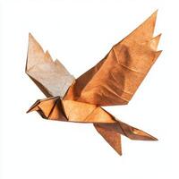 Beautifully crafted origami bird flying gracefully in the air against a white background photo