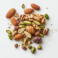 Nutty assortment of almonds, walnuts, and pistachios arranged artistically on a white background photo