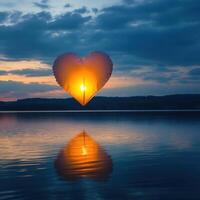 Heart-shaped lantern floats over tranquil water at sunset creating a romantic atmosphere photo