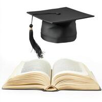 Graduation cap above an open book symbolizing academic achievement and learning journey photo