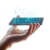 Smart device held in hand with digital interface overlay demonstrating technology and connectivity photo