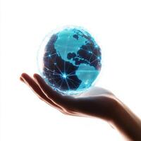 Holding a digital globe symbolizing global connectivity and technology in a hand against a white background photo