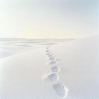Snow-covered landscape showing footprints leading through pristine white terrain on a clear winter day photo