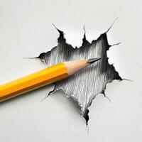 Creative pencil drawing emerging from torn paper, showcasing an artistic breakthrough in design photo