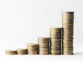 Stacks of silver coins arranged in ascending order illustrating financial growth with a clean background photo