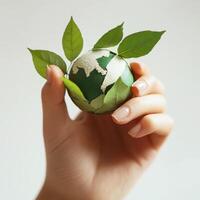 Hand holding a globe made of green leaves showcasing environmental awareness and sustainability in a minimalist setting photo