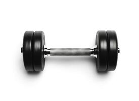 Black dumbbell placed on a white background ready for weight training exercises at home or gym photo