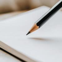 Close-up of a sharpened pencil hovering over blank pages on a wooden surface in a cozy workspace photo
