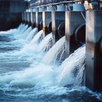 Water flows from drainage pipes into a river at a treatment facility during midday photo