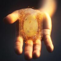 Digital fingerprint technology displayed in a futuristic hand presentation symbolizing identity security photo
