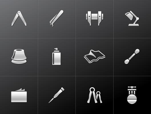 Camera repair tool icons in metallic style illustration