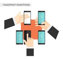 Hand holding smart phone fingerprint security access. illustration. vector