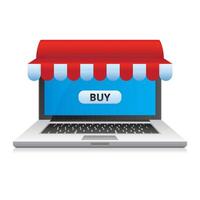 Laptop with red and white ribbon awning. Online shop. vector