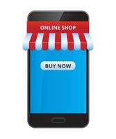 Smart phone with red and white ribbon awning. Online shop. vector