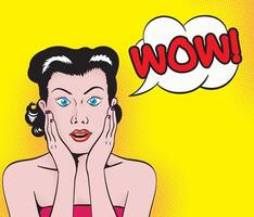 Beautiful girl surprised expression. Wow text bubble. Comic strip style. vector