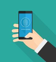 Hand holding smart phone fingerprint security access. Technology illustration. vector