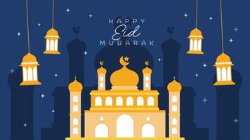 Idul Fitri, Lebaran, Happy Eid Mubarak, Ramadan Kareem text animation with lantern animation, Muslim animation, and mosque silhouette background. video