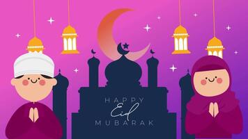 Idul Fitri, Lebaran, Happy Eid Mubarak, Ramadan Kareem text animation with Muslim man and woman, lantern animation, Muslim animation, and mosque silhouette gradient background. video