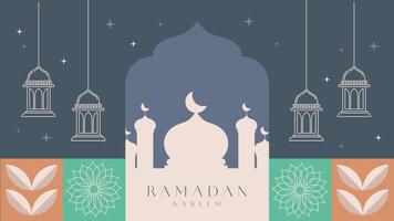 Idul Fitri, Lebaran, Happy Eid Mubarak, Ramadan Kareem text animation with lantern animation, Muslim animation, and geometric mosque silhouette background. video