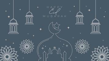 Idul Fitri, Lebaran, Happy Eid Mubarak, Ramadan Kareem text animation with lantern animation, Muslim animation, and mosque outline illustration background. video