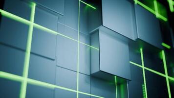 An innovative futuristic 3D abstract background featuring vibrant neon green lines and cubes. Design video