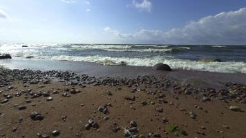 A serene beach with rocks and pebbles, gentle waves lapping the shore under bright sunlight. The shimmering water enhances the tranquil coastal atmosphere. video