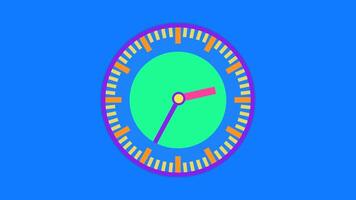 a analog clock on a blue background with a green and pink face video