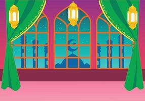 Warm Ramadan home background with a large window view of a beautiful mosque silhouette at dusk. vector