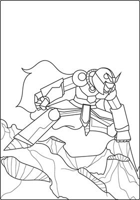 A futuristic robot building a space station on a faraway planet with tools, rockets, and glowing orbs.