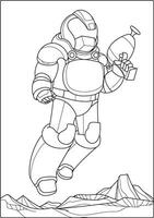 A cheerful robot scientist in a laboratory spaceship surrounded by screens, buttons, and space maps. vector
