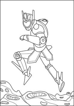 A playful space robot waving joyfully on a distant planet, surrounded by stars, spaceships, and alien plants vector