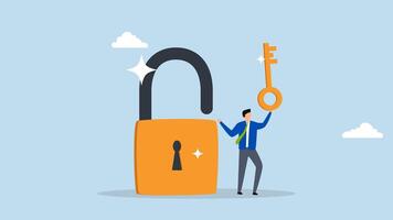 Golden key to unlock, 4k animation of clever entrepreneur grasping a golden key to open padlock. video